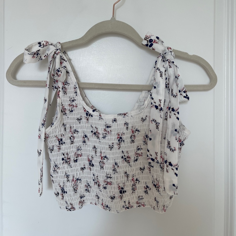 Floral Smocked Tie-Shoulder Tank Top - White